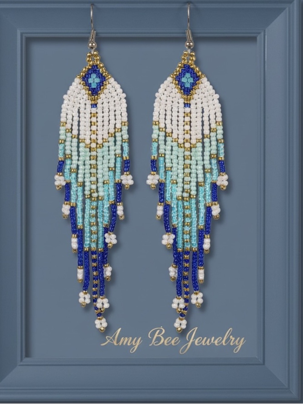 Gradient Blue, White and Gold Beaded Pattern Fringe Earrings. New.
